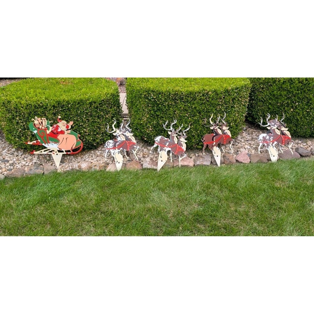 Santa Sleigh Reindeer Lawn Ornament Yard Stakes Vtg Union Products Lighted